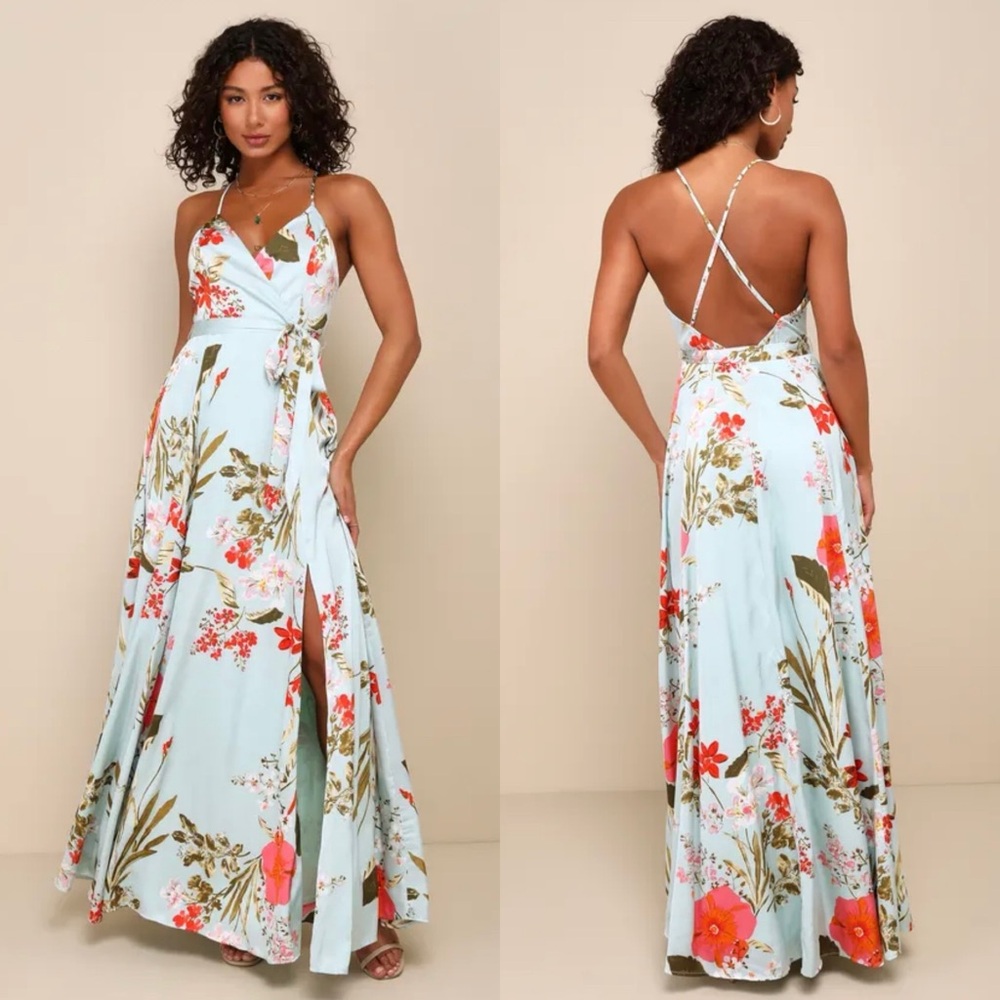 NWT Lulus Still the One Sage Green Floral Print Satin Maxi Dress - Picture 1 of 6